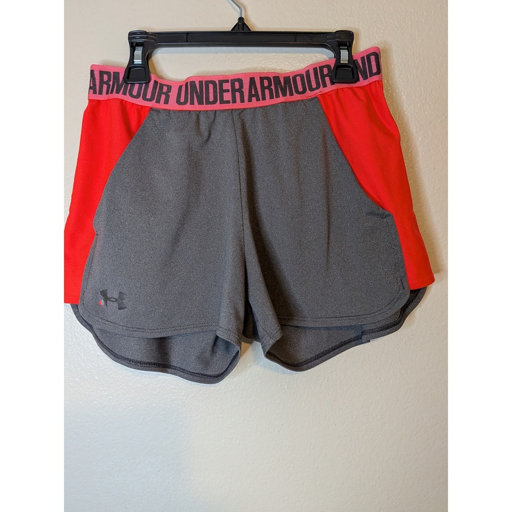 Under Armour Women's Gray Orange Athletic Shorts HeatGear Logo Elastic Waist